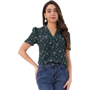 imageAllegra K Casual Blouse for Women Floral Print Short Sleeve Shirt V Neck Notch Lapel Blouse Dressy Summer TopsDark Green