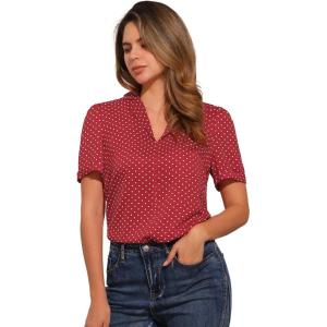 imageAllegra K Casual Blouse for Women Floral Print Short Sleeve Shirt V Neck Notch Lapel Blouse Dressy Summer TopsRed
