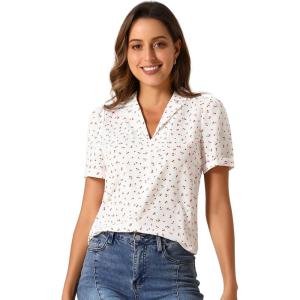 imageAllegra K Casual Blouse for Women Floral Print Short Sleeve Shirt V Neck Notch Lapel Blouse Dressy Summer TopsWhite