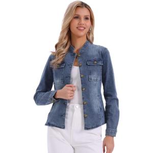 imageAllegra K Casual Denim Jacket for Womens Classic Stand Collar Long Sleeve Jean JacketGray Blues