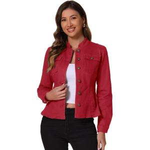 imageAllegra K Casual Denim Jacket for Womens Classic Stand Collar Long Sleeve Jean JacketRed