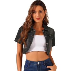 imageAllegra K Casual Denim Jacket for Womens Turndown Collar Short Sleeves Crop Jean JacketsBlack