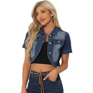 imageAllegra K Casual Denim Jacket for Womens Turndown Collar Short Sleeves Crop Jean JacketsBlue