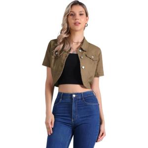 imageAllegra K Casual Denim Jacket for Womens Turndown Collar Short Sleeves Crop Jean JacketsBrown