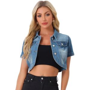 imageAllegra K Casual Denim Jacket for Womens Turndown Collar Short Sleeves Crop Jean JacketsDenim Blue