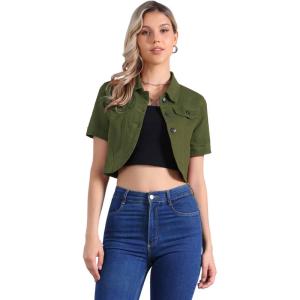 imageAllegra K Casual Denim Jacket for Womens Turndown Collar Short Sleeves Crop Jean JacketsGreen