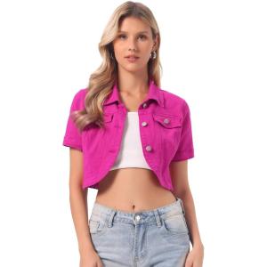 imageAllegra K Casual Denim Jacket for Womens Turndown Collar Short Sleeves Crop Jean JacketsHot Pink