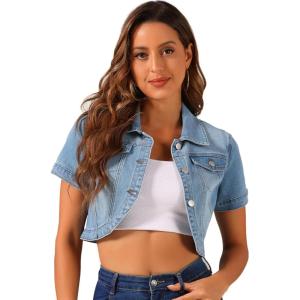 imageAllegra K Casual Denim Jacket for Womens Turndown Collar Short Sleeves Crop Jean JacketsLight Blue