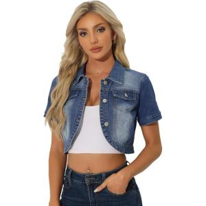imageAllegra K Casual Denim Jacket for Womens Turndown Collar Short Sleeves Crop Jean JacketsMidblue