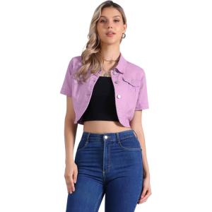 imageAllegra K Casual Denim Jacket for Womens Turndown Collar Short Sleeves Crop Jean JacketsPurple
