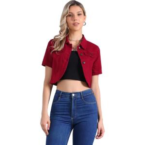 imageAllegra K Casual Denim Jacket for Womens Turndown Collar Short Sleeves Crop Jean JacketsRed