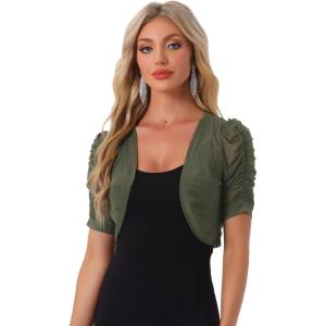 imageAllegra K Casual Short Sleeve Mesh Sheer Shrug for Women Open Front Cropped Cardigan BoleroArmy Green