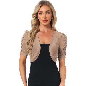 imageAllegra K Casual Short Sleeve Mesh Sheer Shrug for Women Open Front Cropped Cardigan BoleroCamel