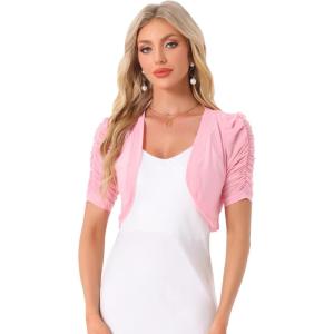 imageAllegra K Casual Short Sleeve Mesh Sheer Shrug for Women Open Front Cropped Cardigan BoleroPink