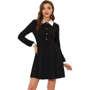 imageAllegra K Contrast Color Dress for Womens Collared Long Sleeve Halloween Party Flare DressesBlack