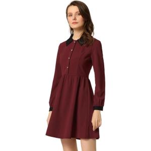 imageAllegra K Contrast Color Dress for Womens Collared Long Sleeve Halloween Party Flare DressesBurgundy