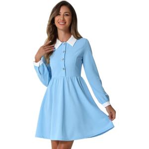 imageAllegra K Contrast Color Dress for Womens Collared Long Sleeve Halloween Party Flare DressesLight Blue