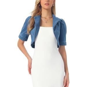 imageAllegra K Cropped Denim Jacket for Women Casual Short Puff Sleeve Lapel Open Front Jean Jackets Summer OutwearM Blue