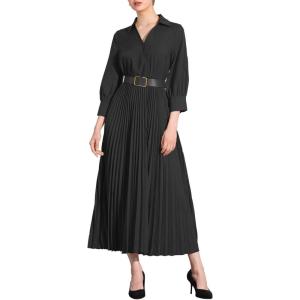 imageAllegra K Dressy Casual Pleated Dress for Womens 34 Sleeves Collared V Neck Empire Waist Belted Maxi DressBlack