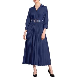 imageAllegra K Dressy Casual Pleated Dress for Womens 34 Sleeves Collared V Neck Empire Waist Belted Maxi DressDark Blue
