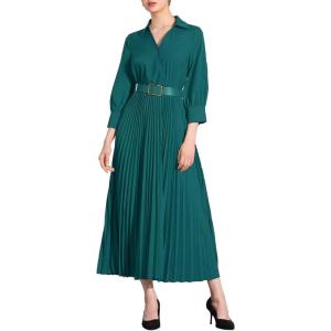 imageAllegra K Dressy Casual Pleated Dress for Womens 34 Sleeves Collared V Neck Empire Waist Belted Maxi DressDark Green