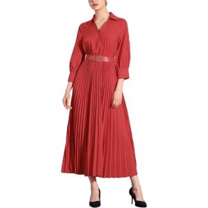 imageAllegra K Dressy Casual Pleated Dress for Womens 34 Sleeves Collared V Neck Empire Waist Belted Maxi DressRed