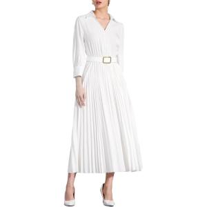 imageAllegra K Dressy Casual Pleated Dress for Womens 34 Sleeves Collared V Neck Empire Waist Belted Maxi DressWhite