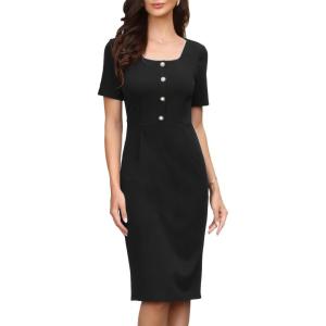 imageAllegra K Elegant Dresses for Womens Short Sleeve Square Neck Button Business Work Sheath DressBlack