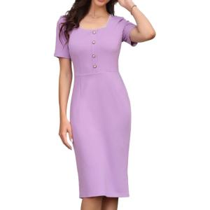 imageAllegra K Elegant Dresses for Womens Short Sleeve Square Neck Button Business Work Sheath DressPurple