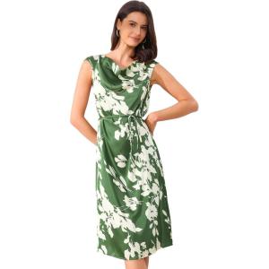 imageAllegra K Elegant Floral Dress for Womens Vintage Cowl Neck Cap Sleeve Cocktail Tie Waist Shift Midi DressDark Green