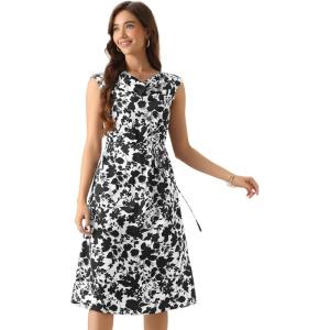 imageAllegra K Elegant Floral Dress for Womens Vintage Cowl Neck Cap Sleeve Cocktail Tie Waist Shift Midi DressWhite Black
