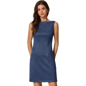 imageAllegra K Faux Suede Dress for Womens Boat Neck Sleeveless Sheath DressesDark Blue