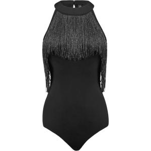 imageAllegra K Fringe Leotard for Womens Western Cowgirl Sleeveless Concert Halter Neck BodysuitBlack
