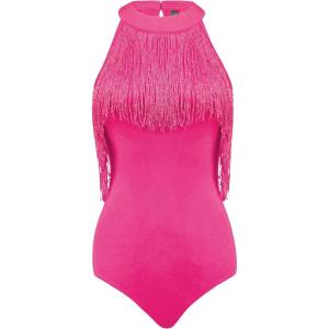 imageAllegra K Fringe Leotard for Womens Western Cowgirl Sleeveless Concert Halter Neck BodysuitHot Pink