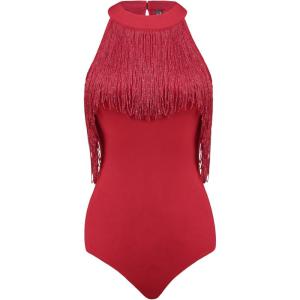 imageAllegra K Fringe Leotard for Womens Western Cowgirl Sleeveless Concert Halter Neck BodysuitRed
