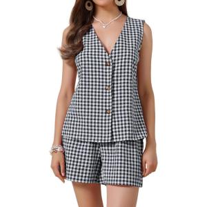 imageAllegra K Gingham 2 Piece Outfits for Womens Summer Beach Plaid Sleeveless Vest and Shorts Matching SetsBlack