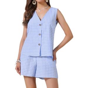 imageAllegra K Gingham 2 Piece Outfits for Womens Summer Beach Plaid Sleeveless Vest and Shorts Matching SetsBlue