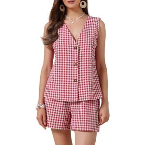 imageAllegra K Gingham 2 Piece Outfits for Womens Summer Beach Plaid Sleeveless Vest and Shorts Matching SetsRed