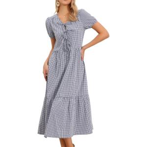 imageAllegra K Gingham Dress for Womens Summer Holiday Short Sleeve Midi Flowy Tie Front Beach DressesBlack Blue