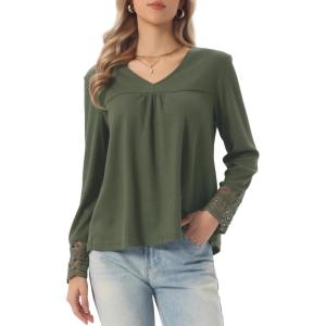 imageAllegra K Long Sleeve V Neck Blouse for Womens Casual Tops Lace Hollow Out Shirts Fall Winter Basic Tunic TopsArmy Green