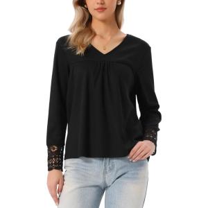 imageAllegra K Long Sleeve V Neck Blouse for Womens Casual Tops Lace Hollow Out Shirts Fall Winter Basic Tunic TopsBlack