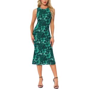imageAllegra K Mesh Floral Dress for Womens Sleeveless Crew Neck Cocktail Party Fishtail Midi DressesDark Green