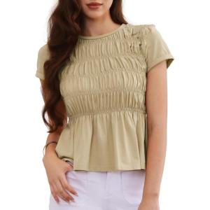imageAllegra K Peplum Babydoll Tops for Womens Summer Smocked Ruched Crew Neck Cap Sleeve Casual TeeKhaki