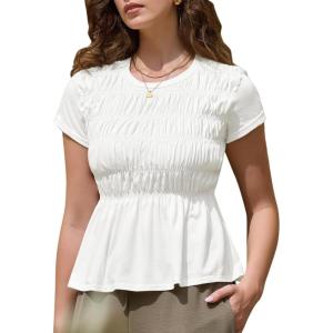 imageAllegra K Peplum Babydoll Tops for Womens Summer Smocked Ruched Crew Neck Cap Sleeve Casual TeeWhite