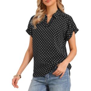 imageAllegra K Polka Dots Blouse for Women Summer Casual Short Sleeve Collar V Neck Work Office TopsBlack