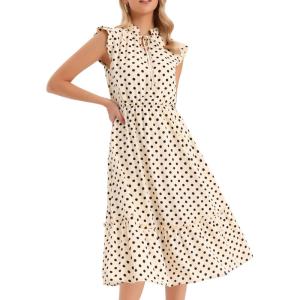 imageAllegra K Polka Dots Midi Dress for Womens Peasant Tie Neck Ruffle Sleeve DressesApricot