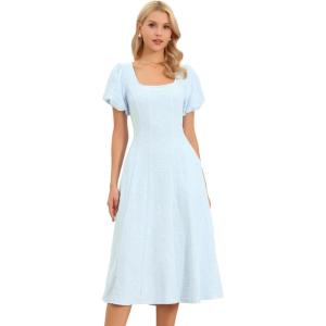 imageAllegra K Puff Sleeve Dress for Womens Square Neck Summer Smocked Floral A Line Wedding Midi DressesBlue