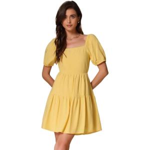 imageAllegra K Puff Sleeve Square Neck Dresses for Women Tie Back Casual Mini SundressesYellow
