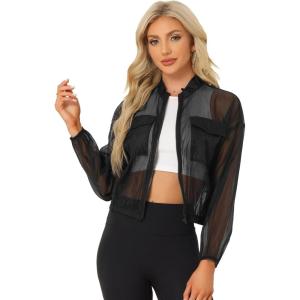 imageAllegra K Sheer Bomber Jacket for Womens Zip Up Long Sleeve See Through JacketsBlack