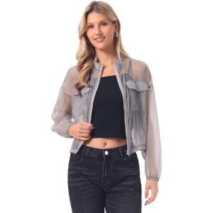 imageAllegra K Sheer Bomber Jacket for Womens Zip Up Long Sleeve See Through JacketsGrey